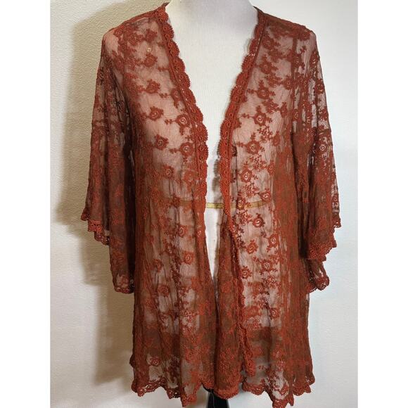 Magnolia Lane Lace Kimono Duster Women’s Medium Rust Orange Boho Chic Sheer Top - Picture 1 of 6